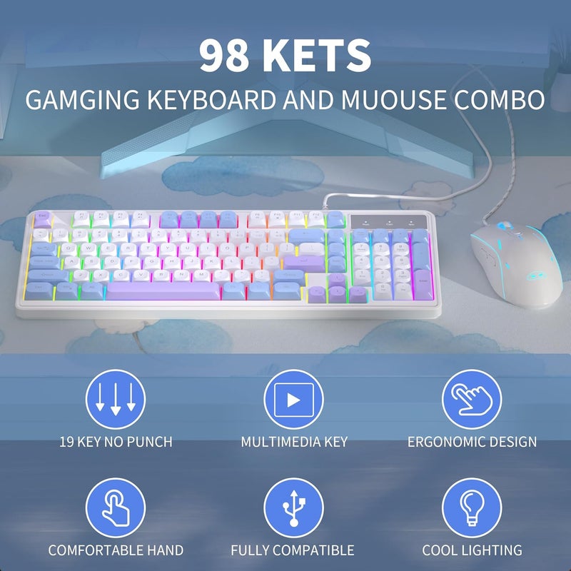 MageGee Wire Gaming Keyboard,Creamy Keyboard and Mouse Combo, 7 Colorful Rainbow Backlight Classic Gaming Keyboard (White & Blue & Purple) - Image 2